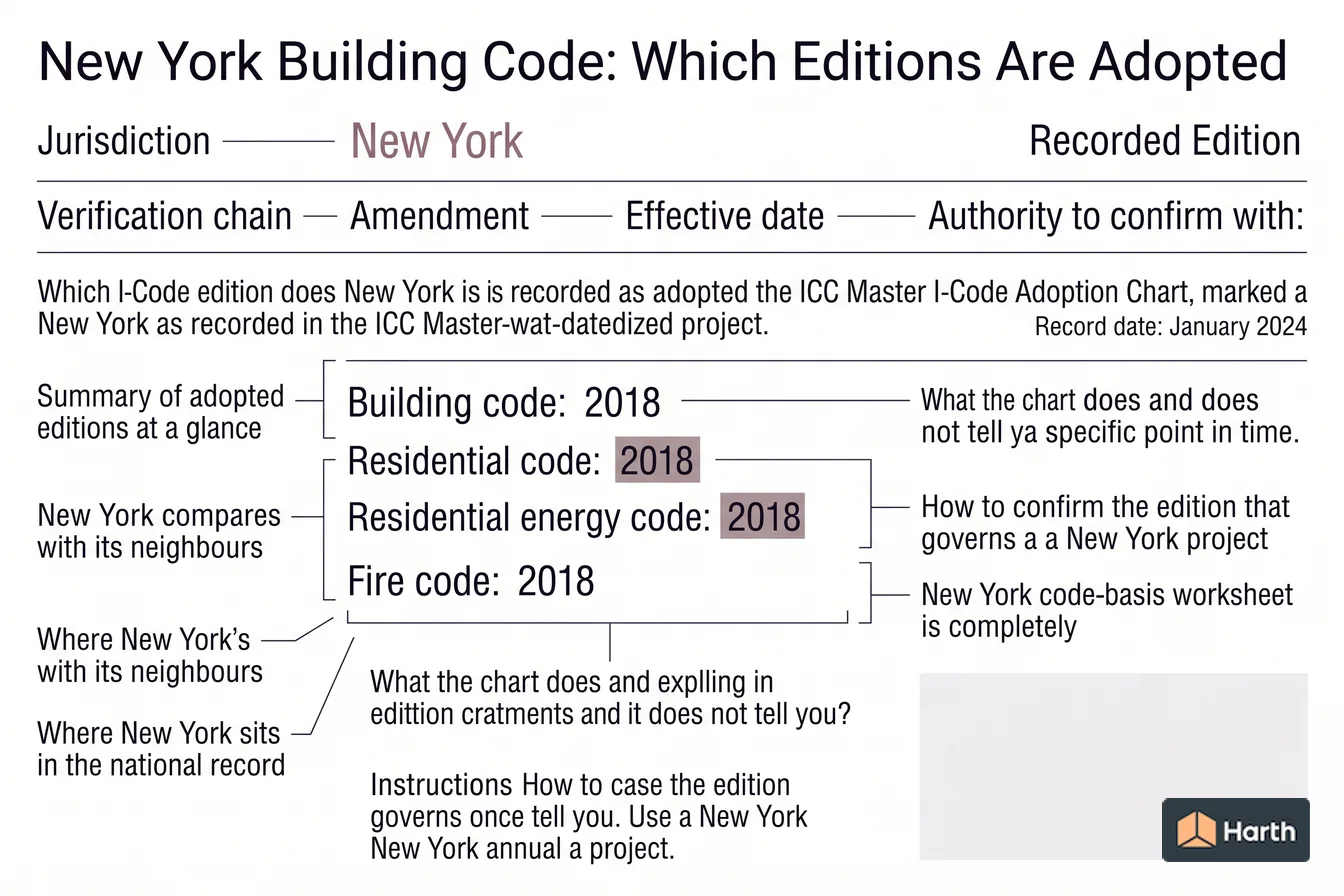 Code-adoption status diagram: New York Building Code: Which Editions Are Adopted