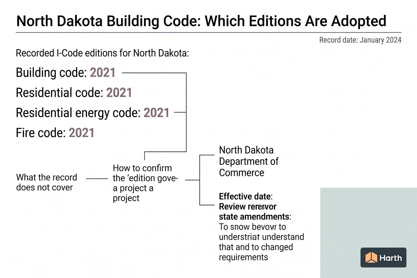 Code-adoption status diagram: North Dakota Building Code: Which Editions Are Adopted
