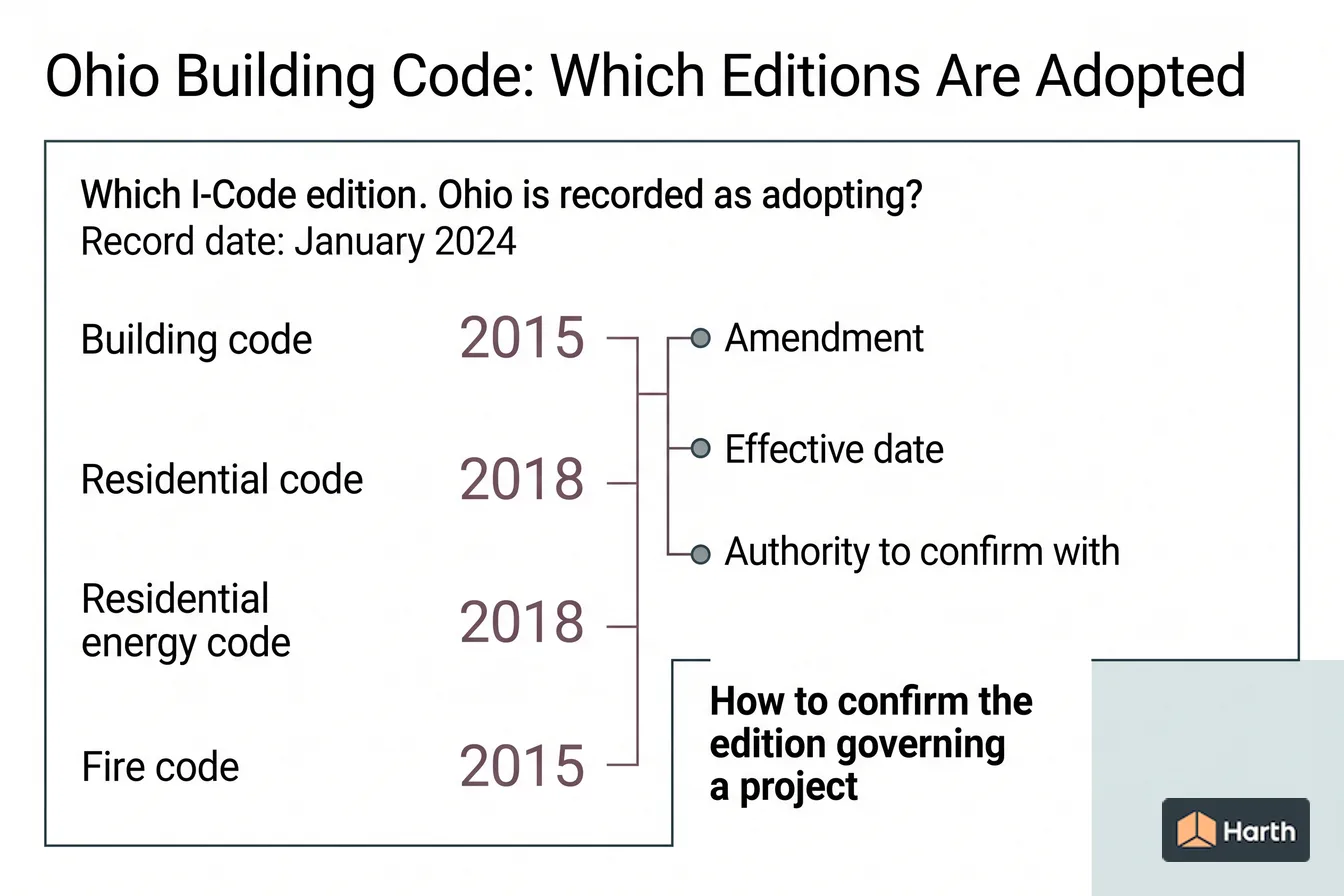 Code-adoption status diagram: Ohio Building Code: Which Editions Are Adopted