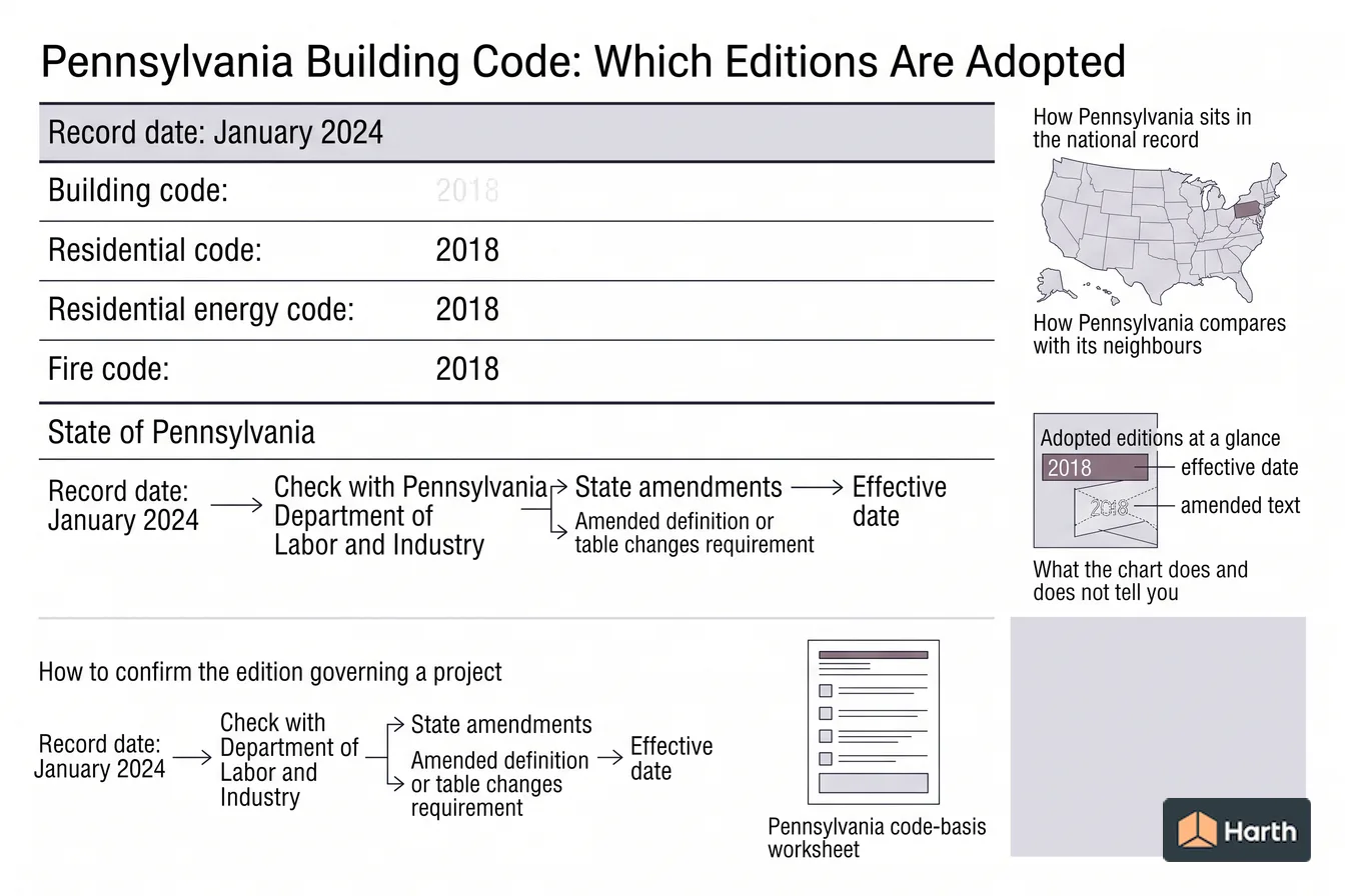 Code-adoption status diagram: Pennsylvania Building Code: Which Editions Are Adopted