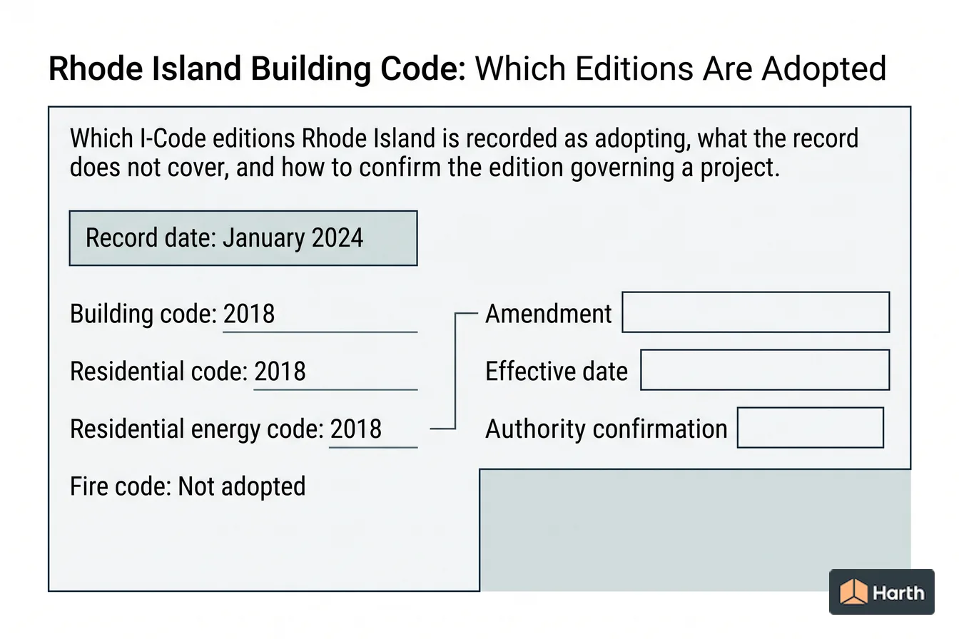 Code-adoption status diagram: Rhode Island Building Code: Which Editions Are Adopted