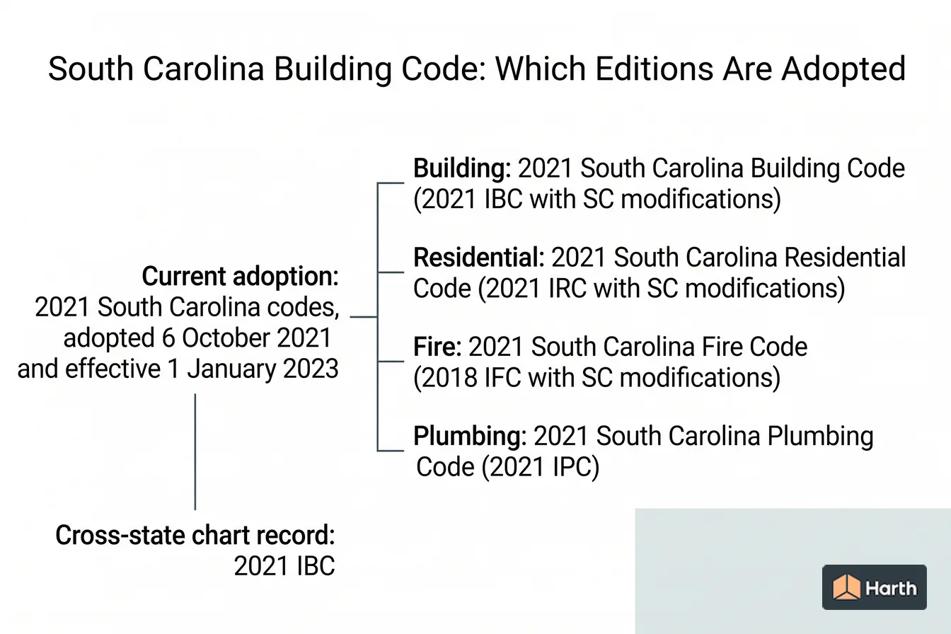 Code-adoption status diagram: South Carolina Building Code: Which Editions Are Adopted