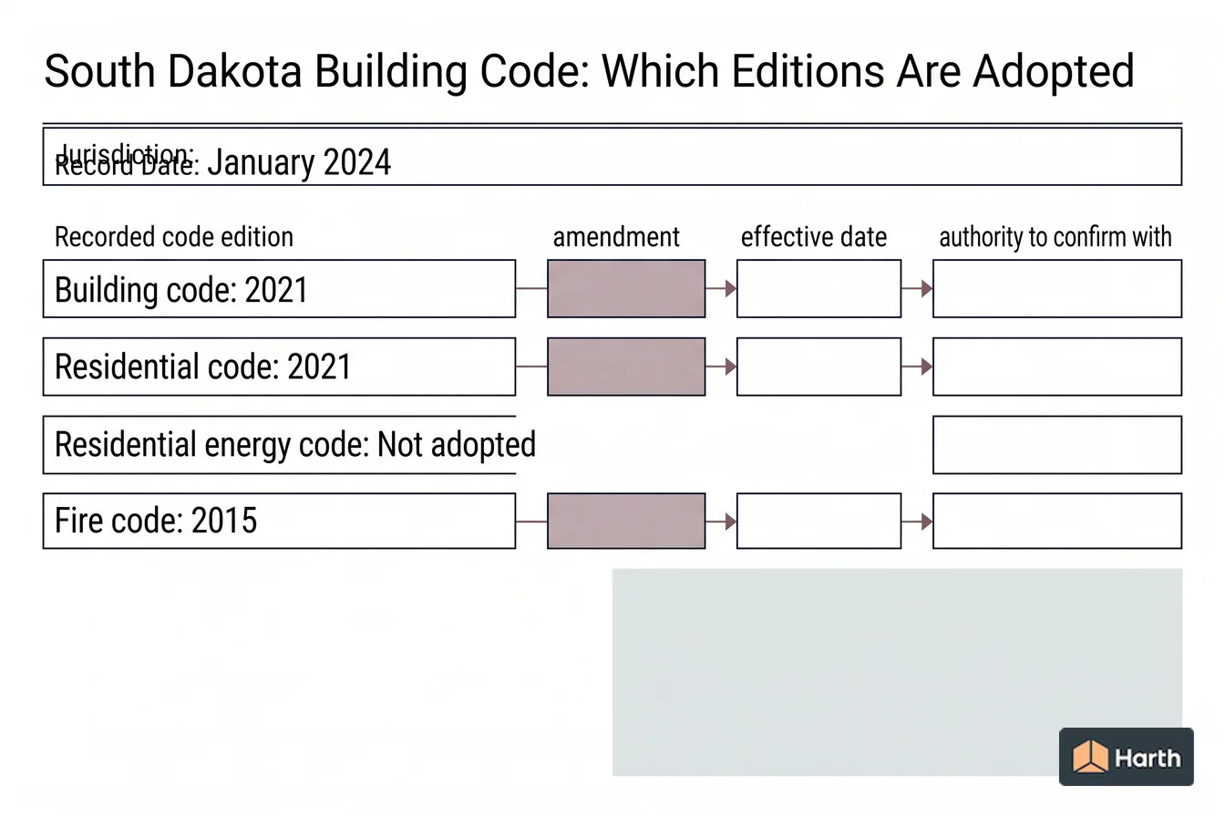 Code-adoption status diagram: South Dakota Building Code: Which Editions Are Adopted