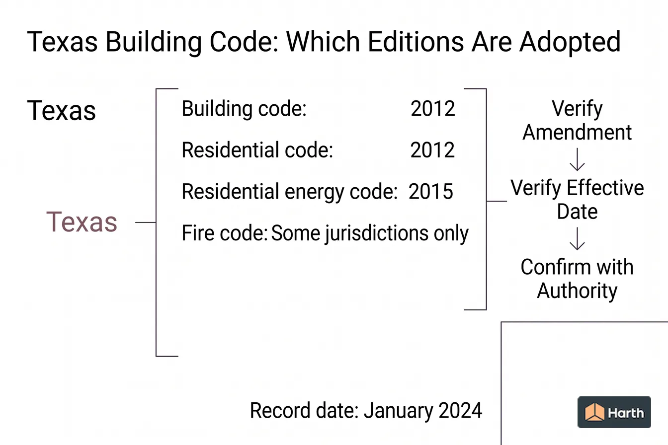 Code-adoption status diagram: Texas Building Code: Which Editions Are Adopted