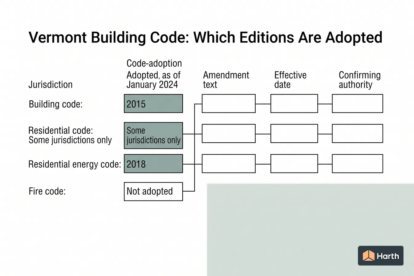 Code-adoption status diagram: Vermont Building Code: Which Editions Are Adopted