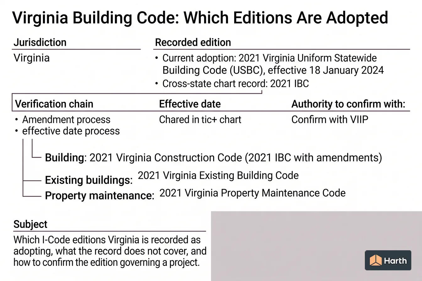 Code-adoption status diagram: Virginia Building Code: Which Editions Are Adopted
