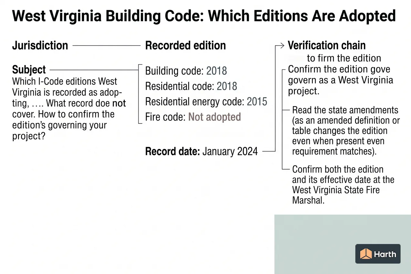 Code-adoption status diagram: West Virginia Building Code: Which Editions Are Adopted