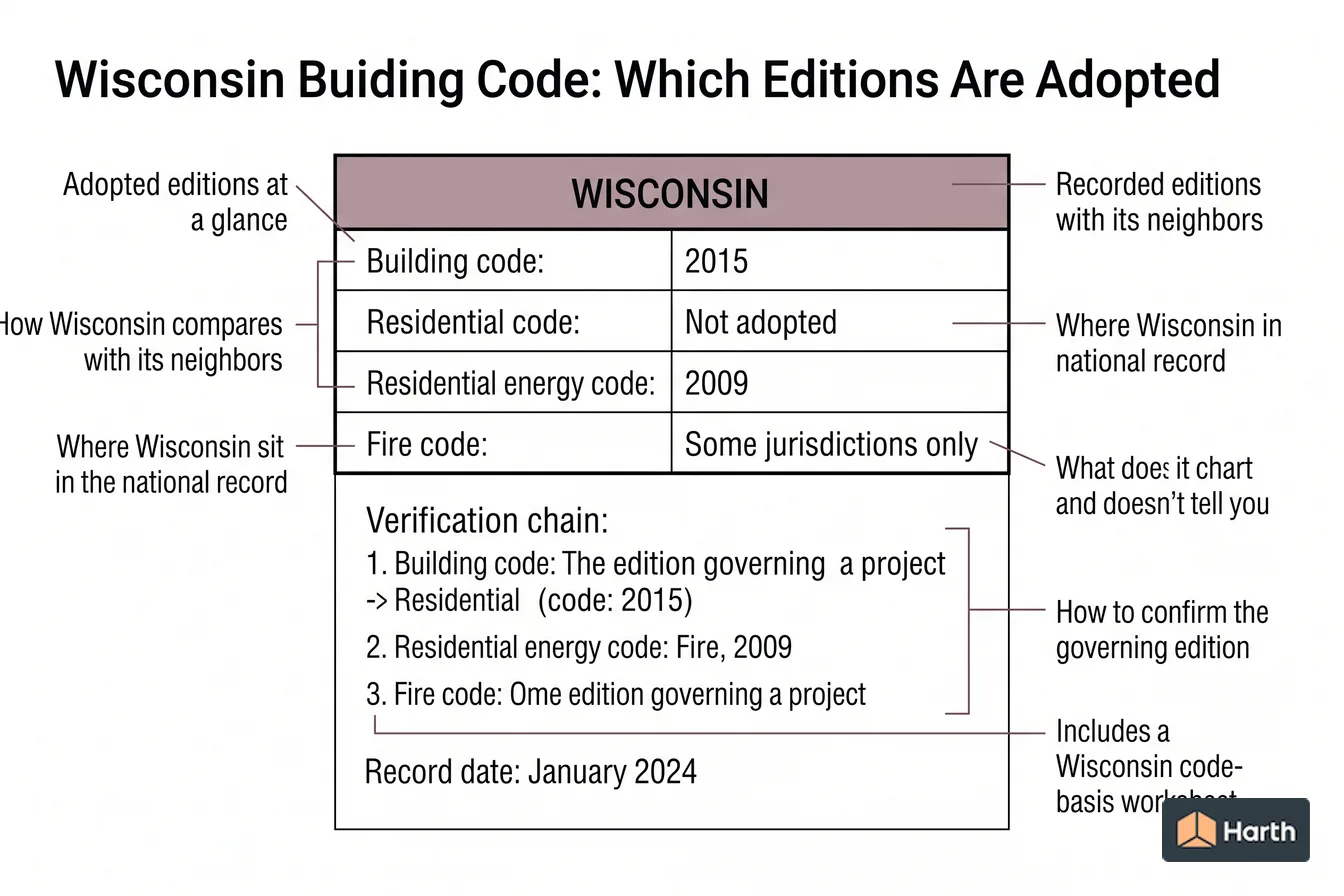 Code-adoption status diagram: Wisconsin Building Code: Which Editions Are Adopted
