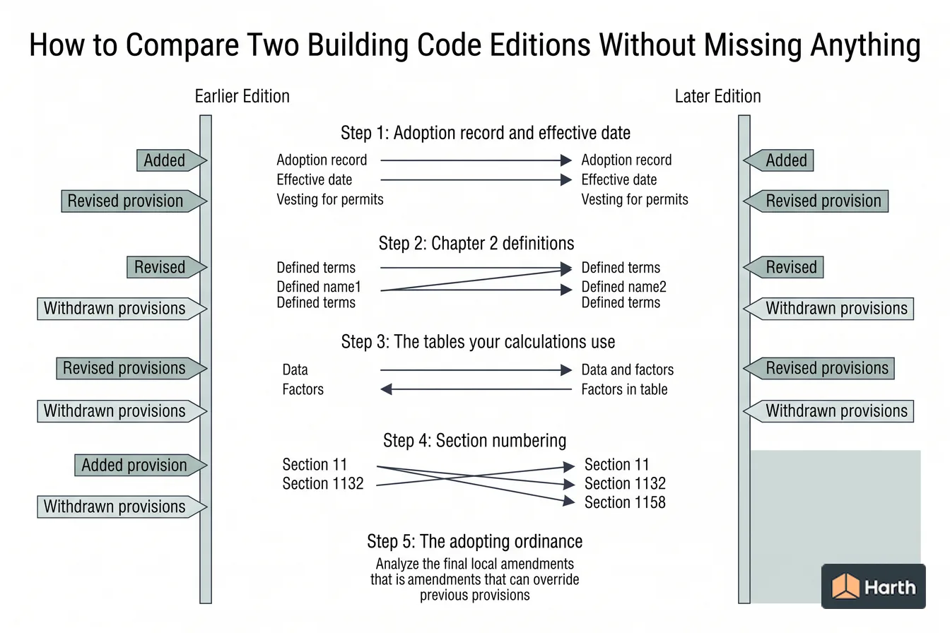 Edition-to-edition code comparison diagram: How to Compare Two Building Code Editions Without Missing Anything