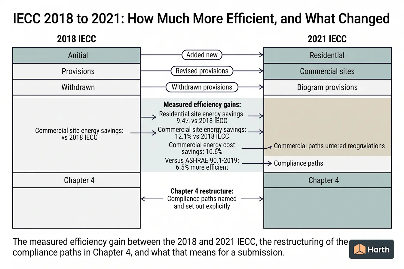 Edition-to-edition code comparison diagram: IECC 2018 to 2021: How Much More Efficient, and What Changed