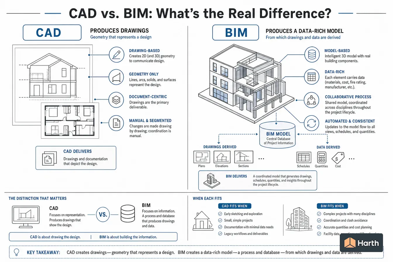 Side-by-side comparison diagram: CAD vs. BIM: What's the Real Difference?