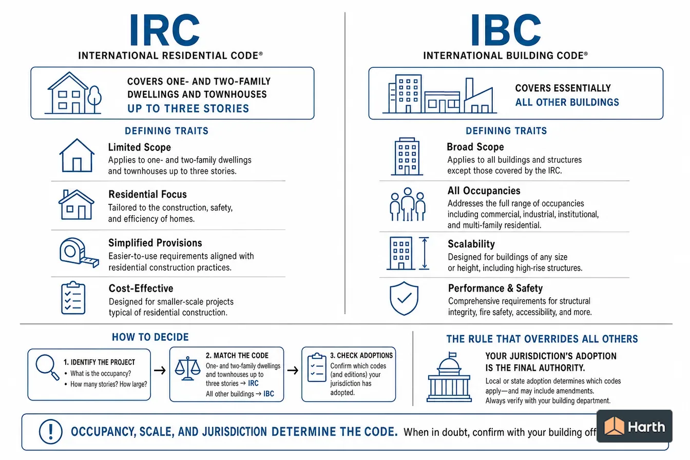 Side-by-side comparison diagram: IBC vs. IRC: Which Building Code Applies?