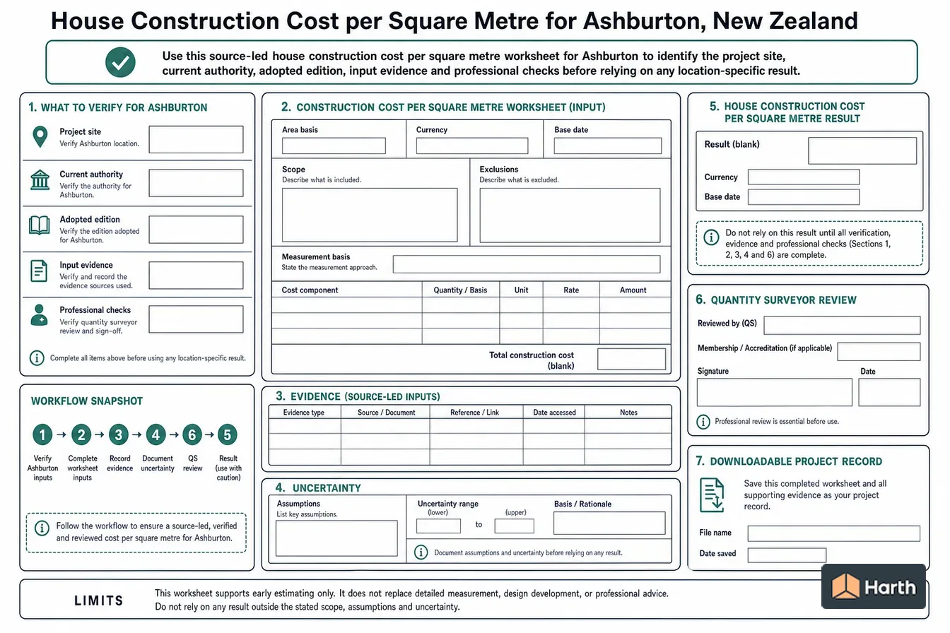 Construction-estimate input diagram: House Build Cost/m²: Ashburton, New Zealand