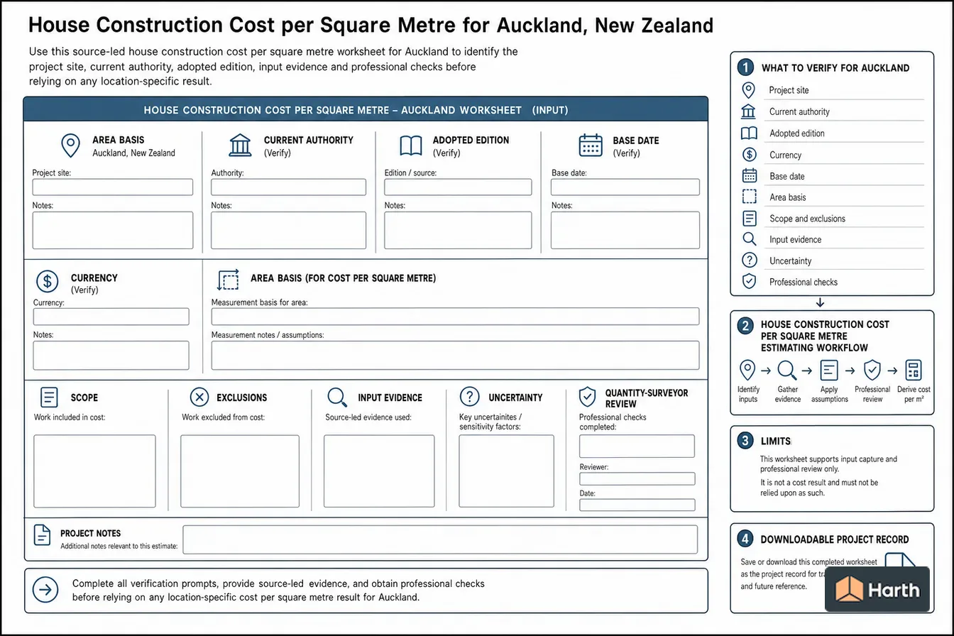 Construction-estimate input diagram: House Build Cost/m²: Auckland, New Zealand