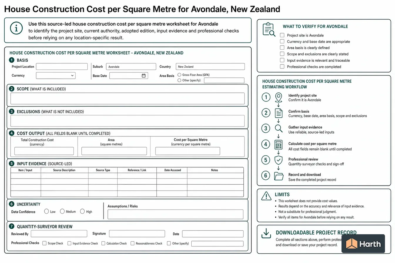 Construction-estimate input diagram: House Build Cost/m²: Avondale, New Zealand