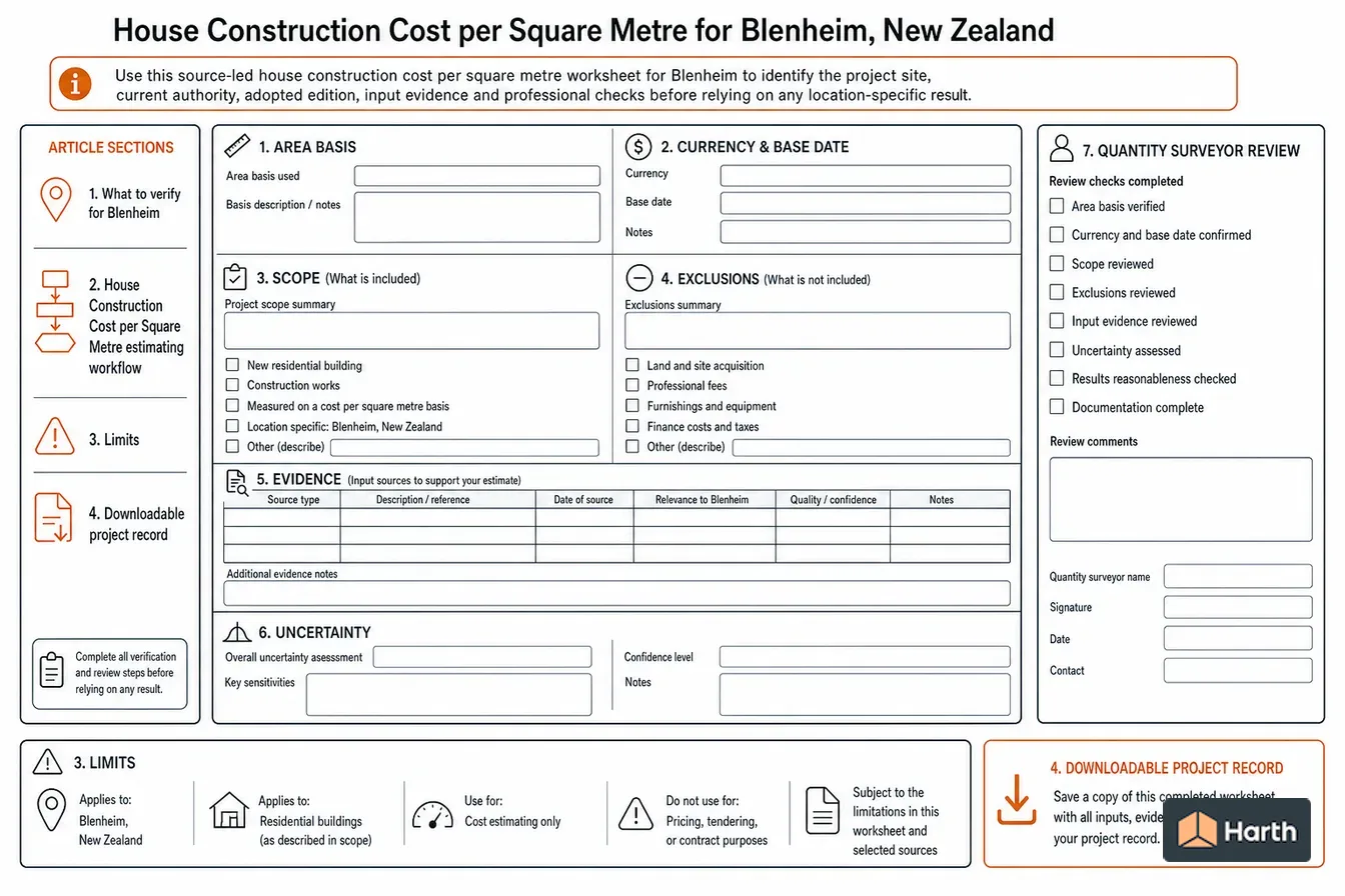 Construction-estimate input diagram: House Build Cost/m²: Blenheim, New Zealand