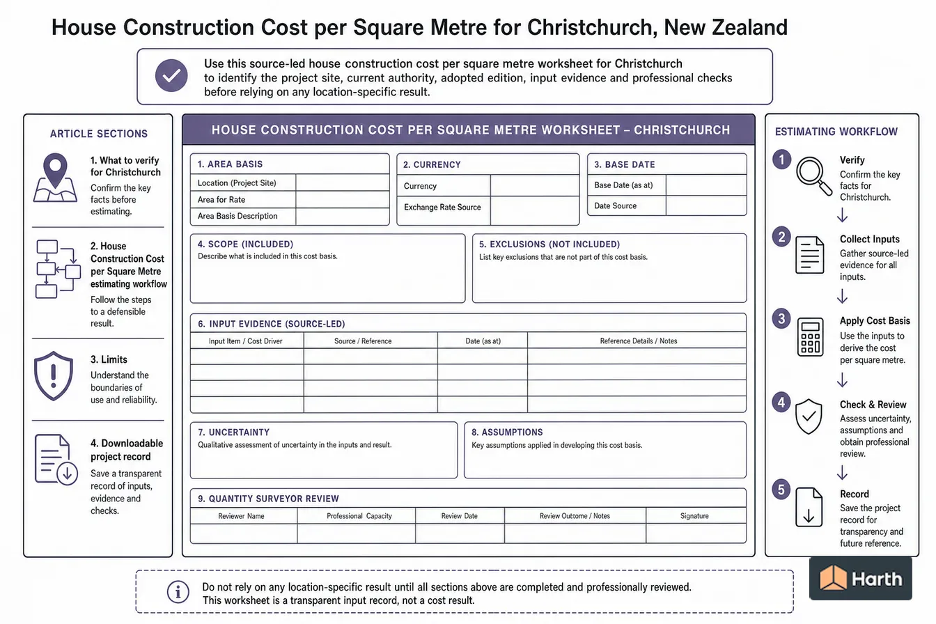 Construction-estimate input diagram: House Build Cost/m²: Christchurch, New Zealand