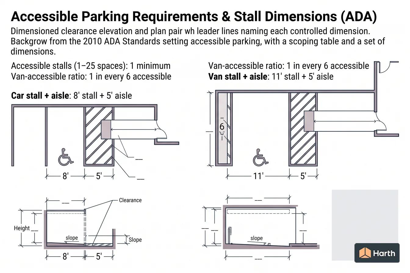 Dimensioned design-standard diagram: Accessible Parking Requirements & Stall Dimensions (ADA)