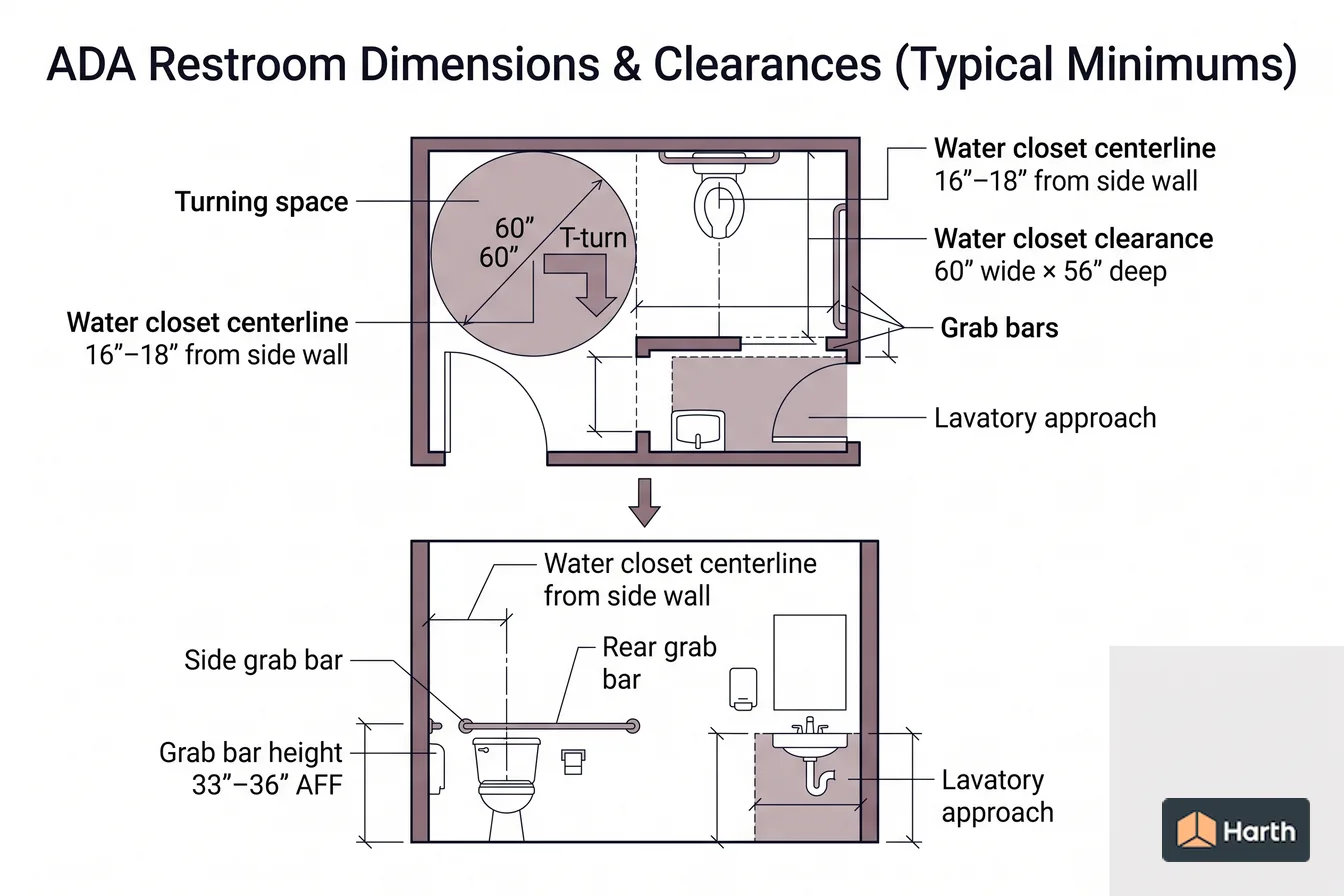 Dimensioned design-standard diagram: ADA Restroom Dimensions & Clearances (Typical Minimums)