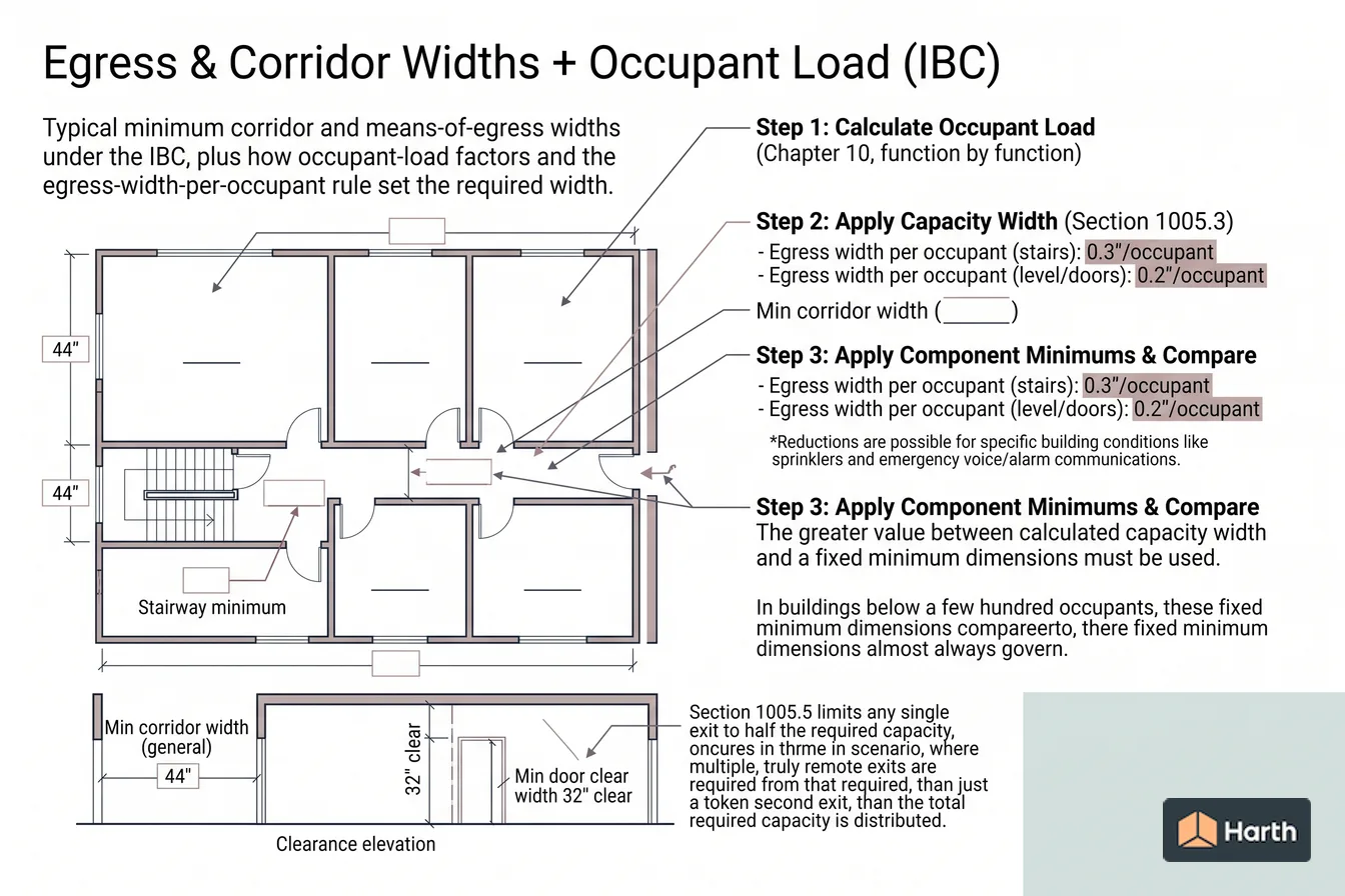 Dimensioned design-standard diagram: Egress & Corridor Widths + Occupant Load (IBC)