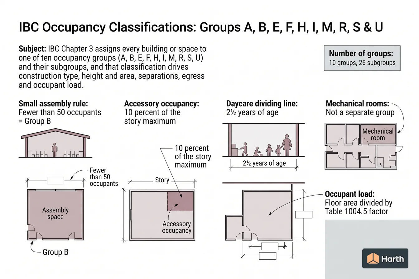 Dimensioned design-standard diagram: IBC Occupancy Classifications: Groups A, B, E, F, H, I, M, R, S & U