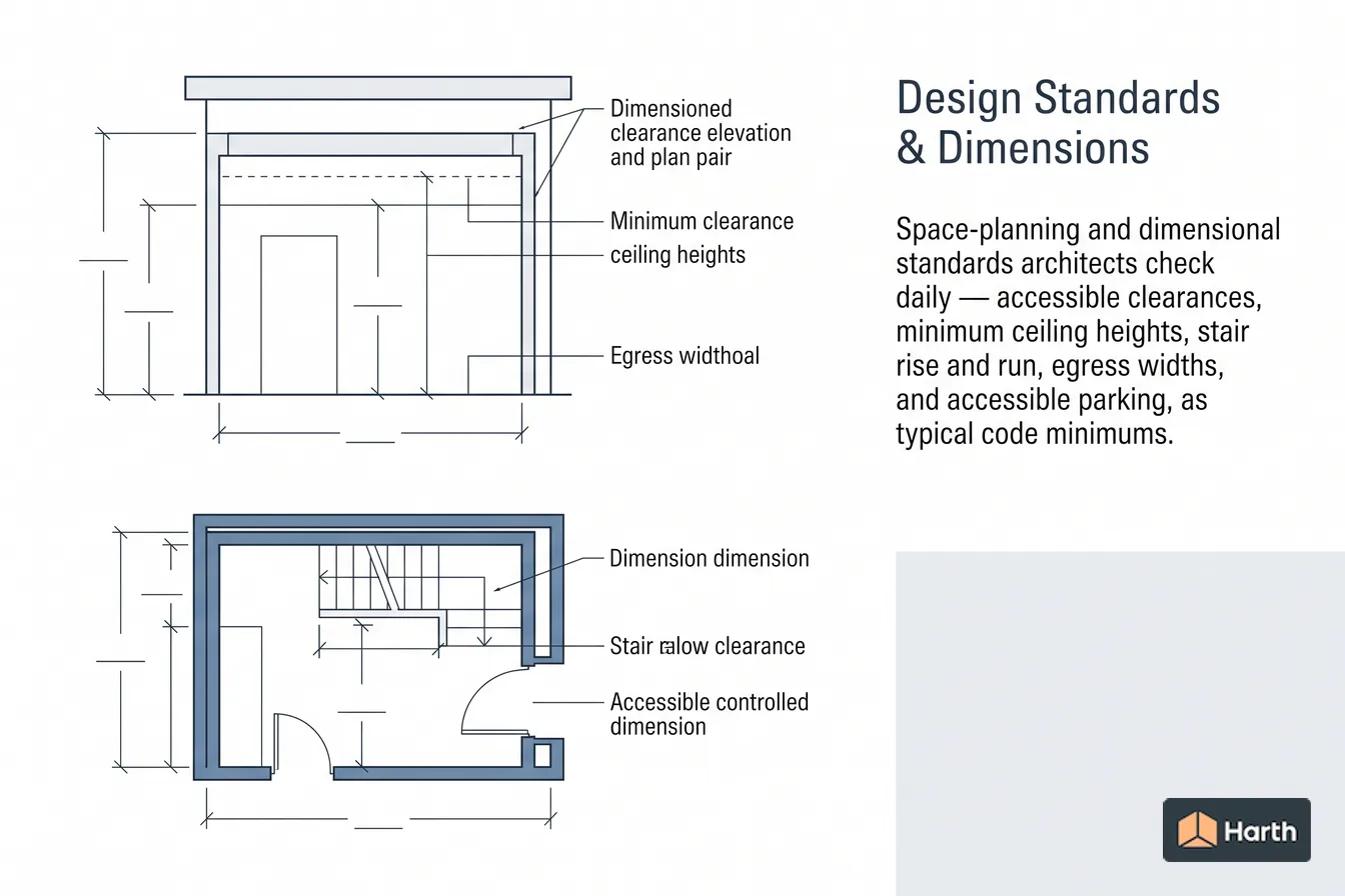 Dimensioned design-standard diagram: Design Standards & Dimensions