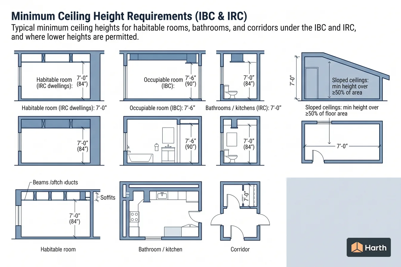 Dimensioned design-standard diagram: Minimum Ceiling Height Requirements (IBC & IRC)