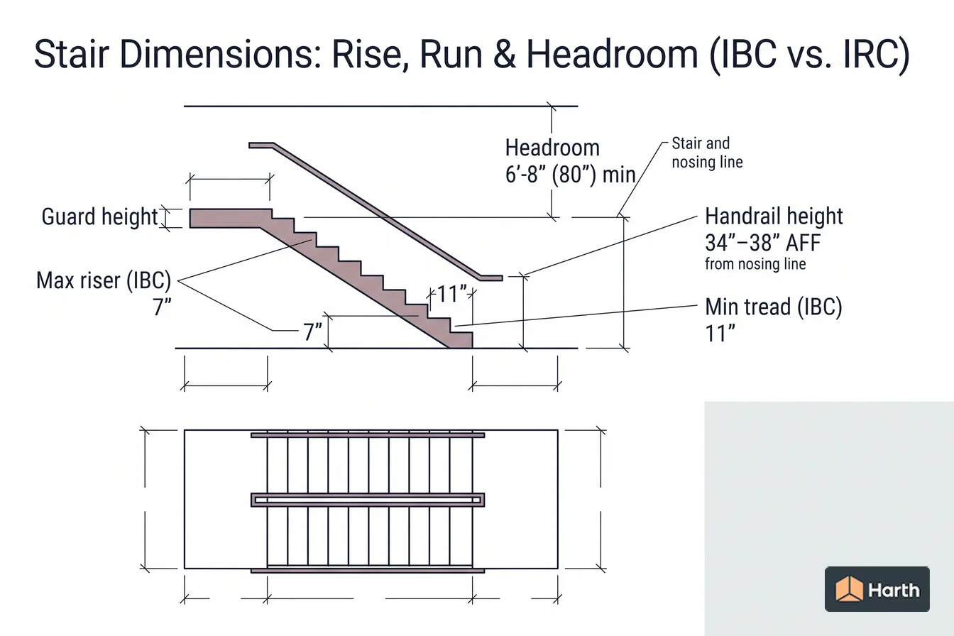 Dimensioned design-standard diagram: Stair Dimensions: Rise, Run & Headroom (IBC vs. IRC)