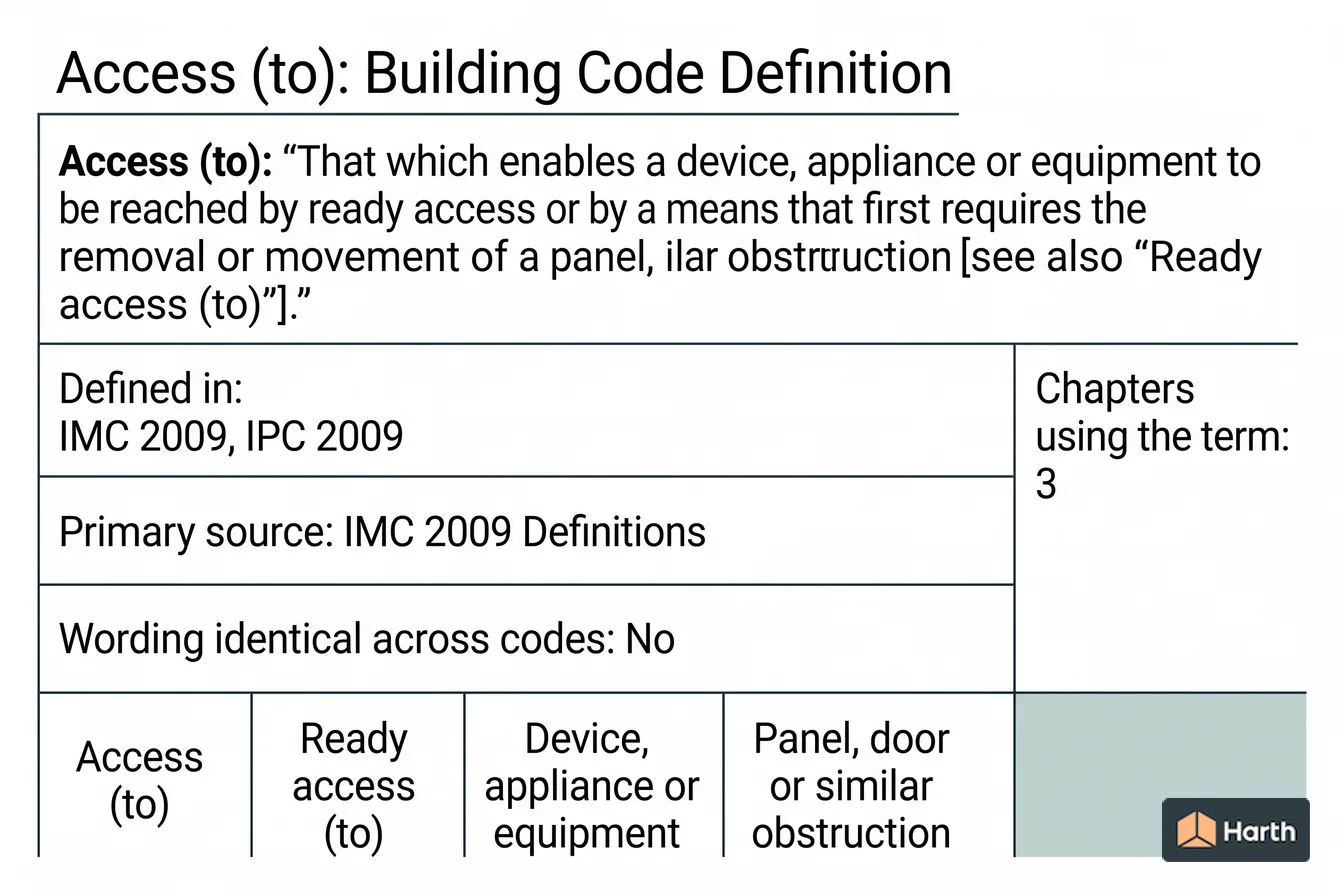 Labeled code-term definition diagram: Access (to): Building Code Definition