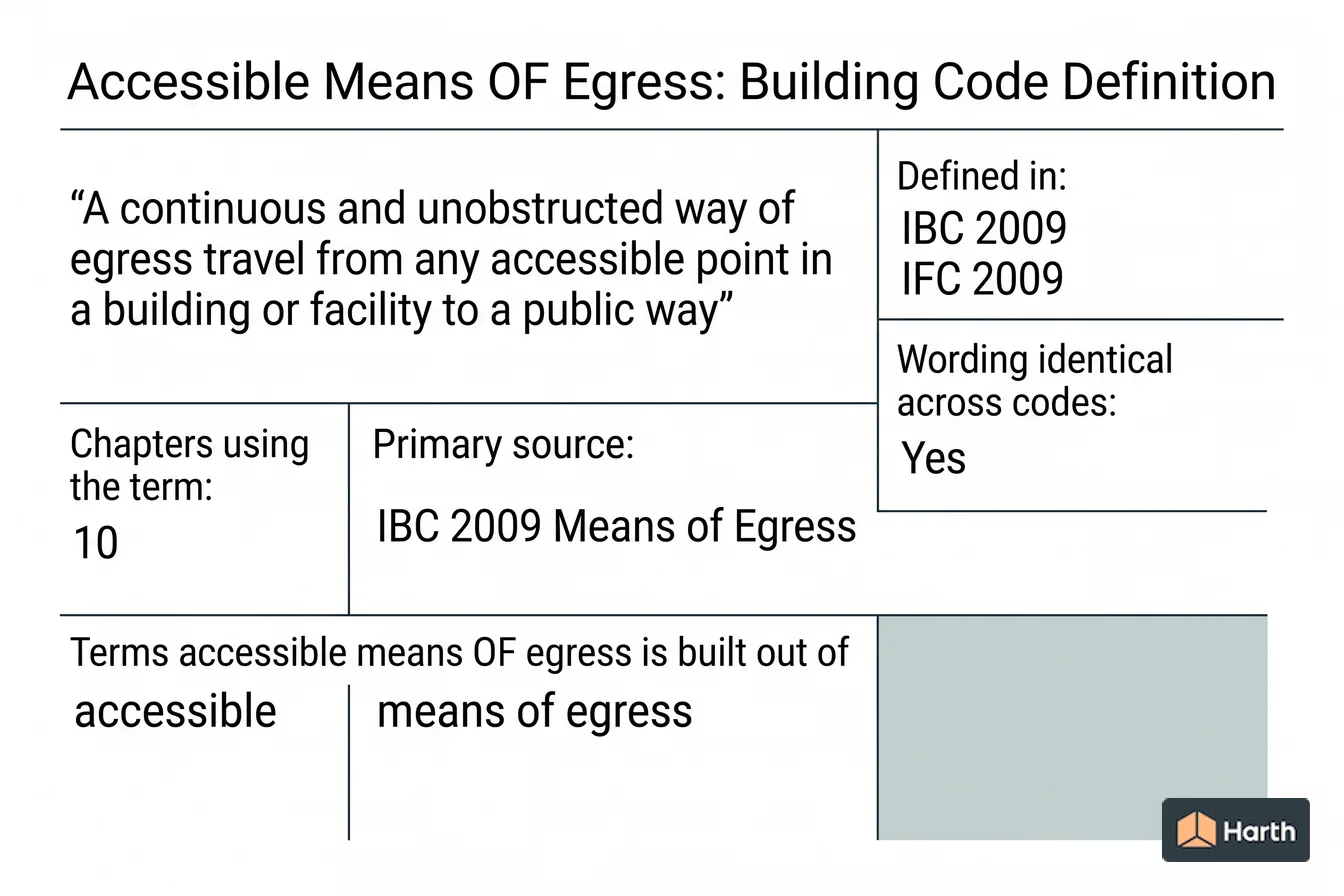 Labeled code-term definition diagram: Accessible Means OF Egress: Building Code Definition