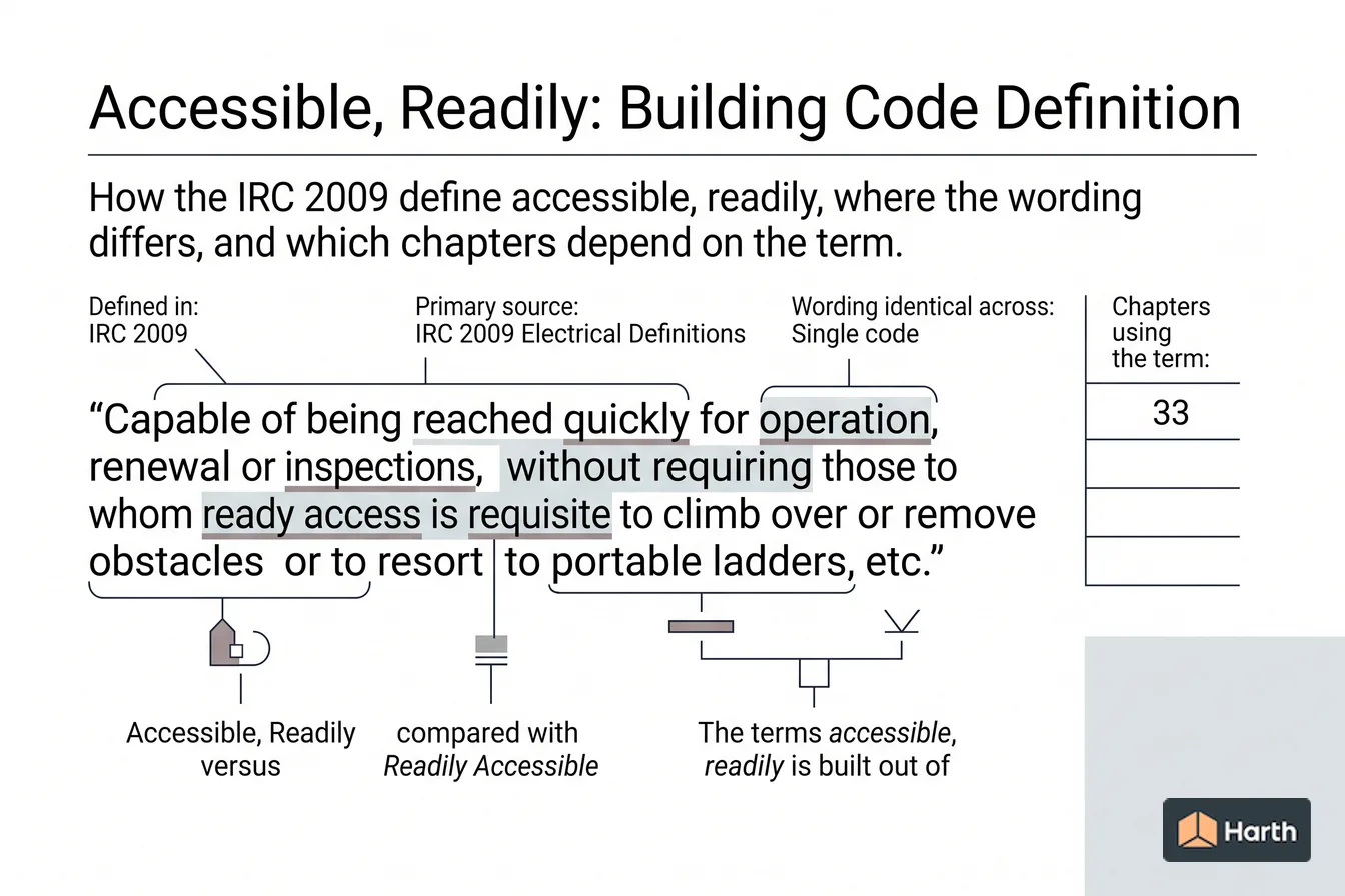 Labeled code-term definition diagram: Accessible, Readily: Building Code Definition