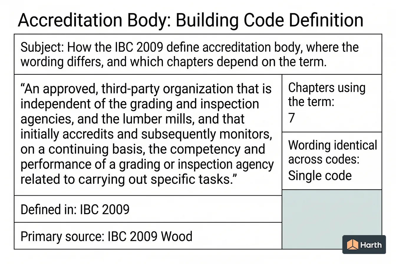 Labeled code-term definition diagram: Accreditation Body: Building Code Definition