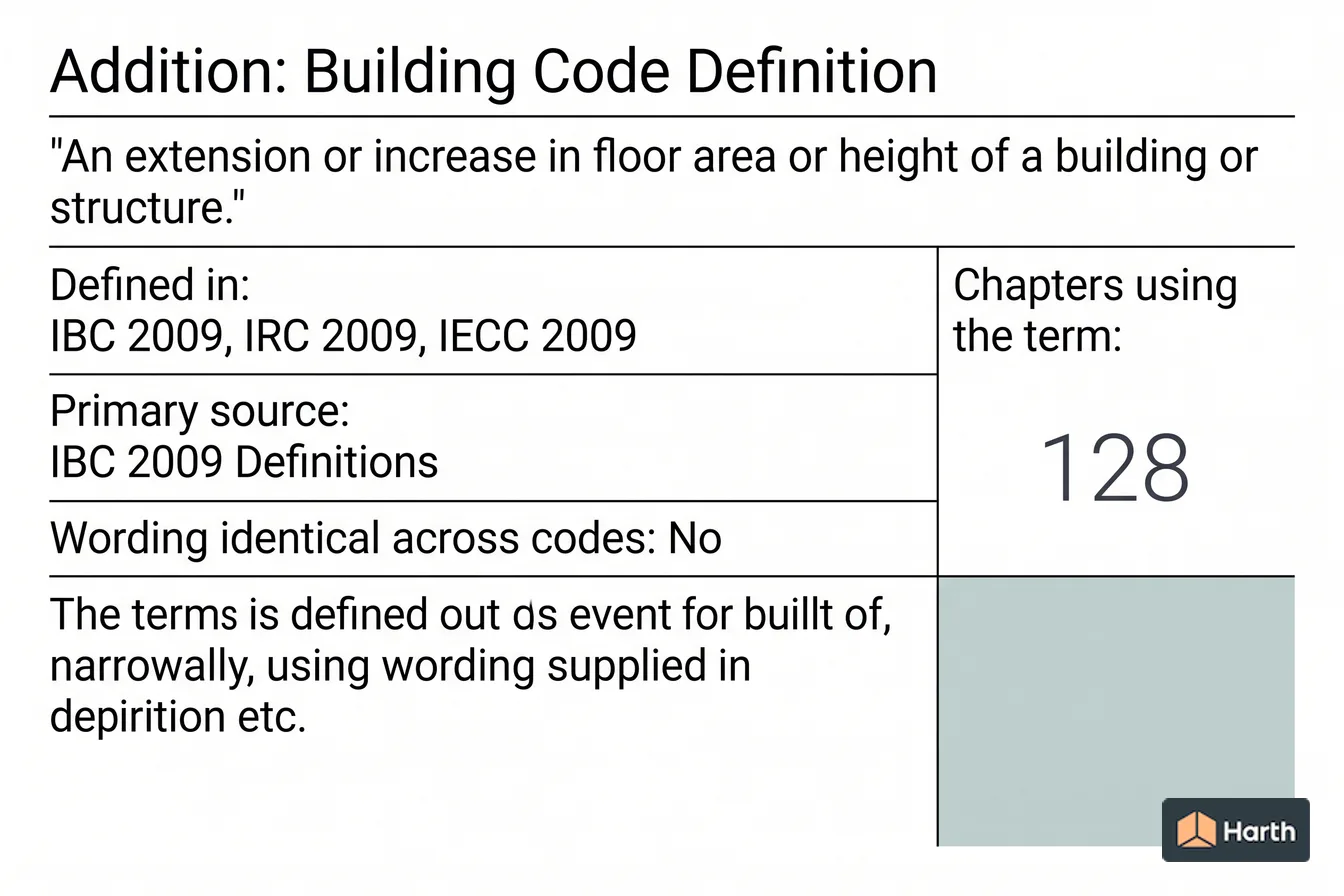 Labeled code-term definition diagram: Addition: Building Code Definition