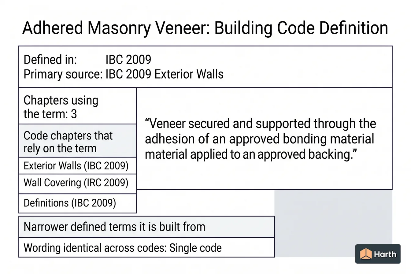 Labeled code-term definition diagram: Adhered Masonry Veneer: Building Code Definition