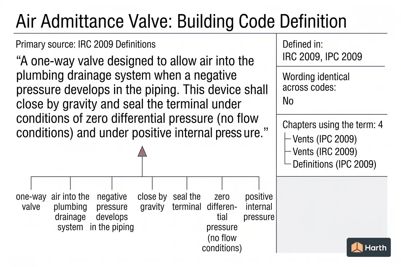 Labeled code-term definition diagram: Air Admittance Valve: Building Code Definition