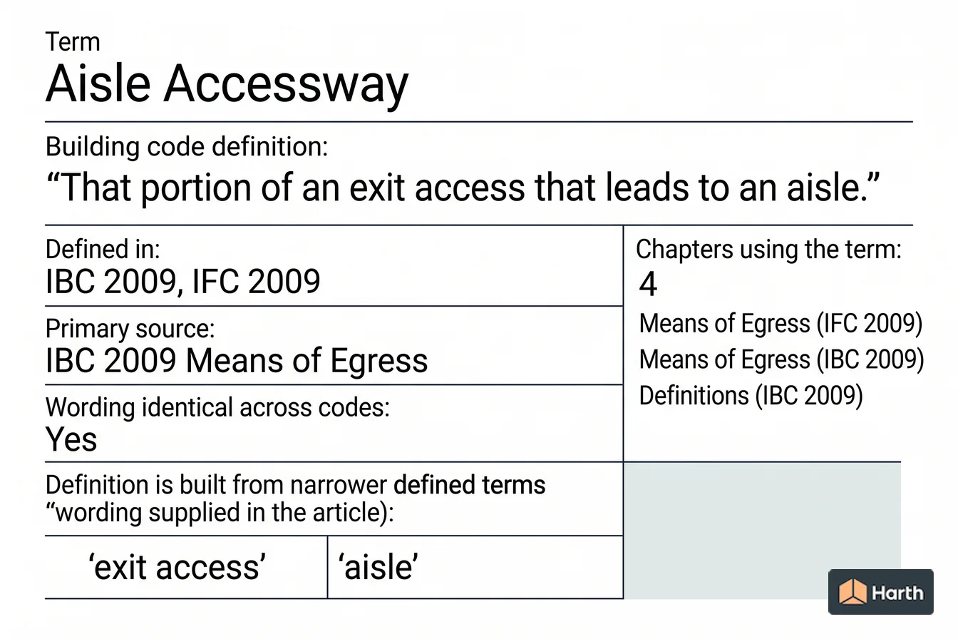 Labeled code-term definition diagram: Aisle Accessway: Building Code Definition