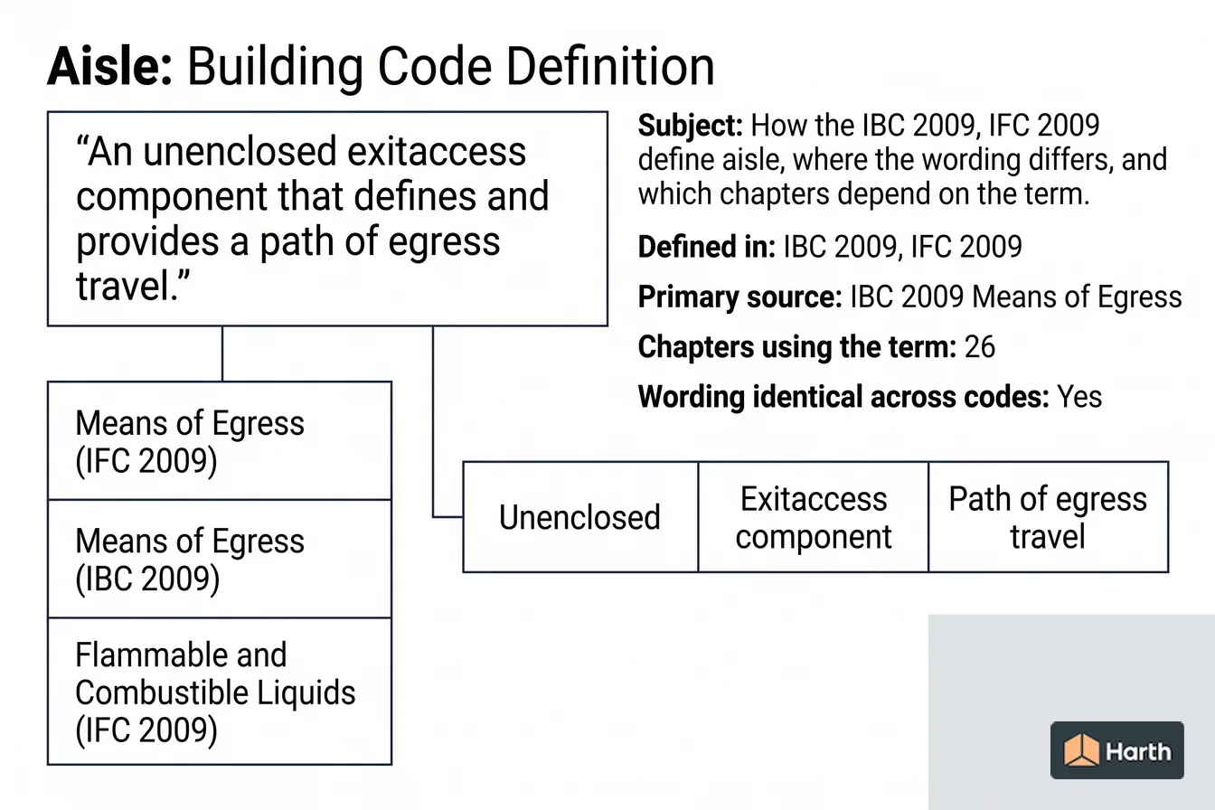Labeled code-term definition diagram: Aisle: Building Code Definition
