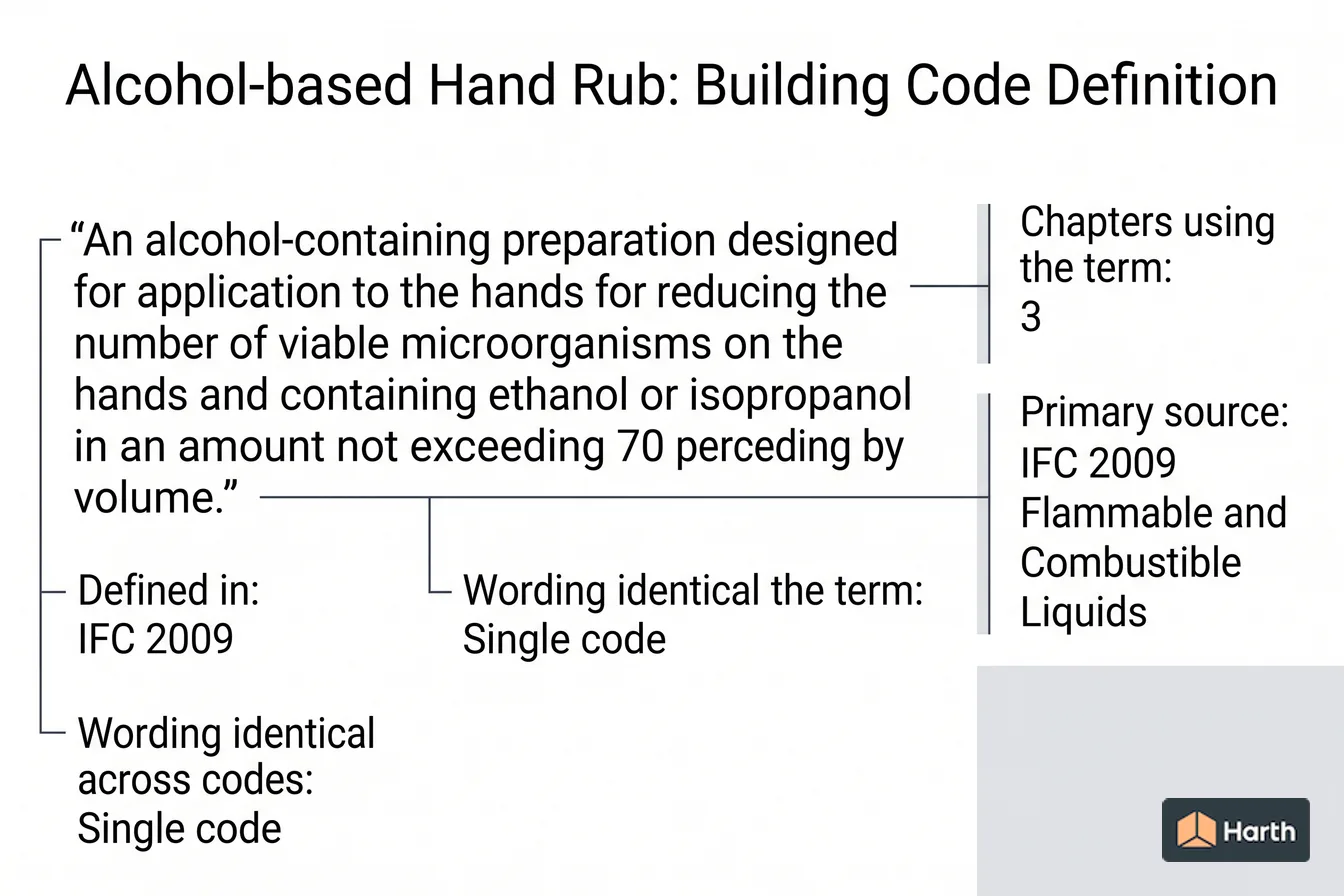 Labeled code-term definition diagram: Alcohol-based Hand Rub: Building Code Definition