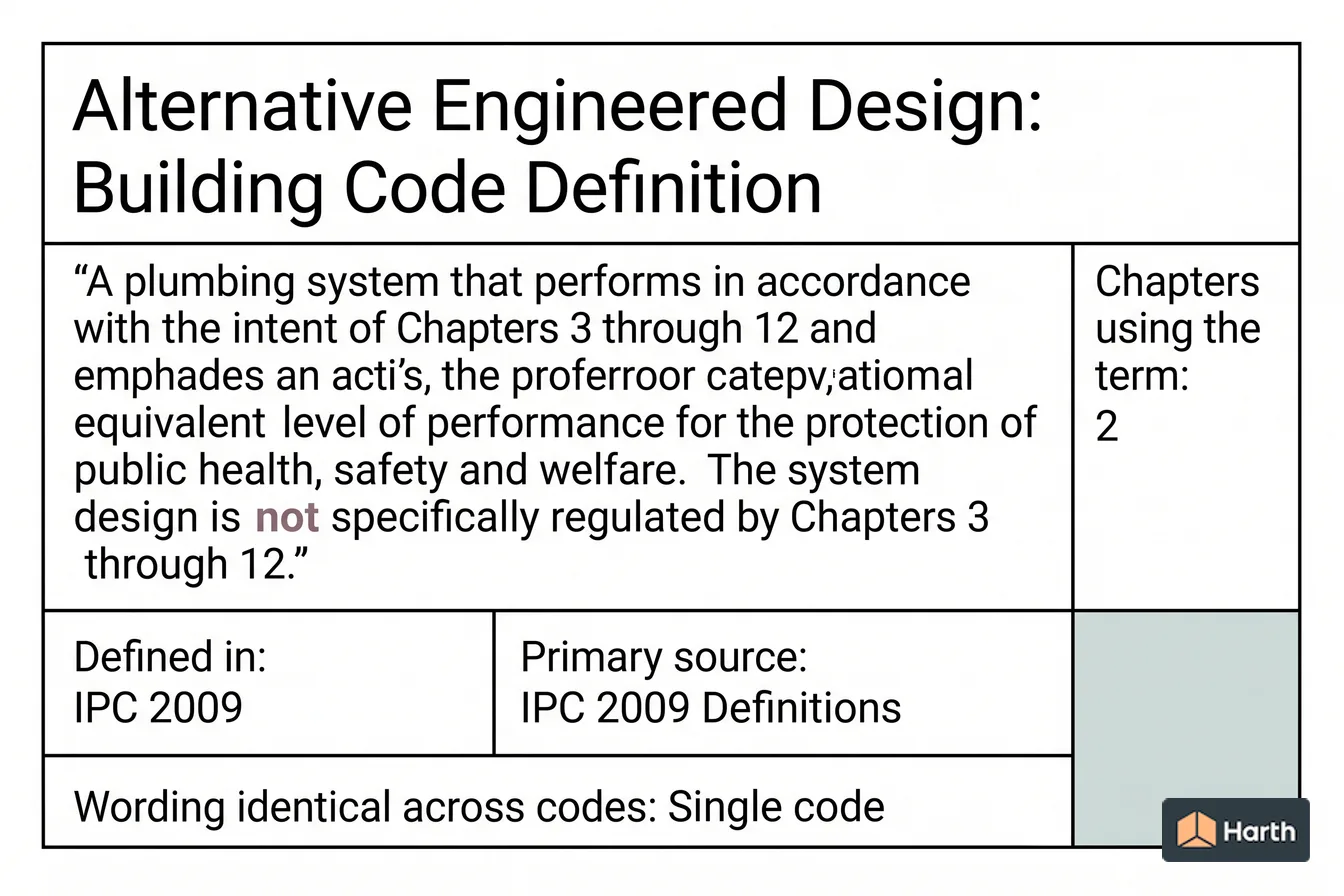 Labeled code-term definition diagram: Alternative Engineered Design: Building Code Definition