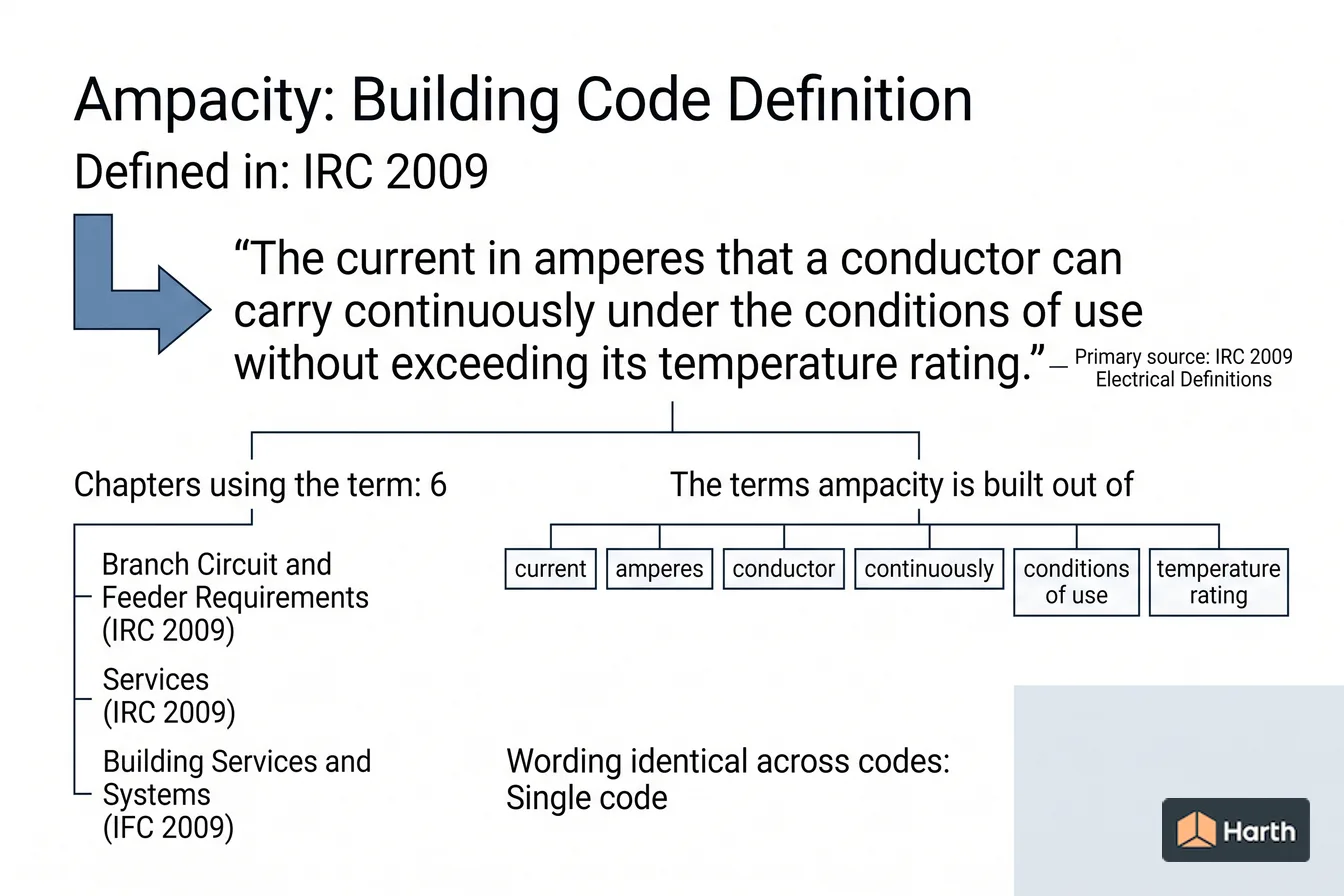 Labeled code-term definition diagram: Ampacity: Building Code Definition