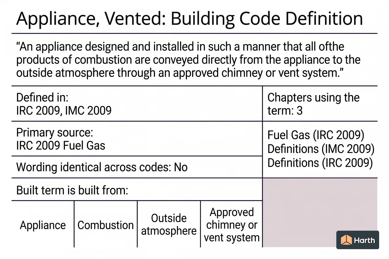 Labeled code-term definition diagram: Appliance, Vented: Building Code Definition
