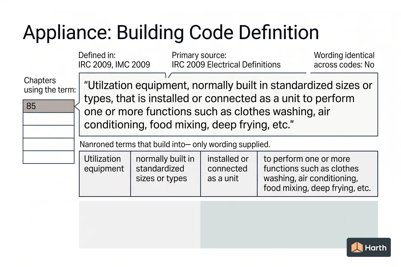 Labeled code-term definition diagram: Appliance: Building Code Definition