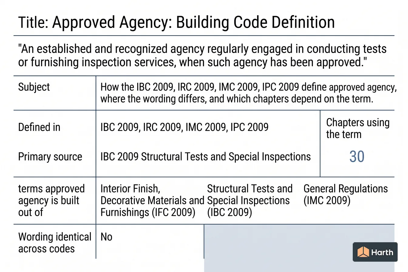 Labeled code-term definition diagram: Approved Agency: Building Code Definition