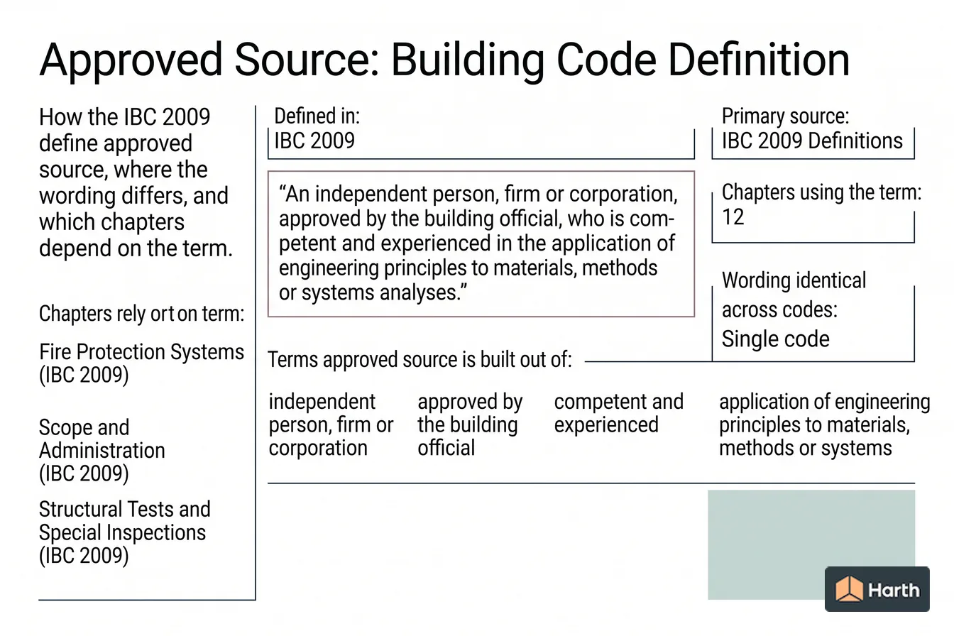 Labeled code-term definition diagram: Approved Source: Building Code Definition