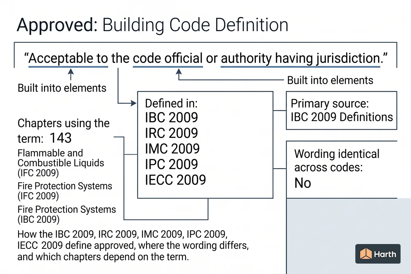 Labeled code-term definition diagram: Approved: Building Code Definition