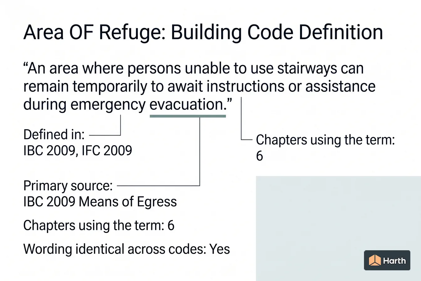 Labeled code-term definition diagram: Area OF Refuge: Building Code Definition