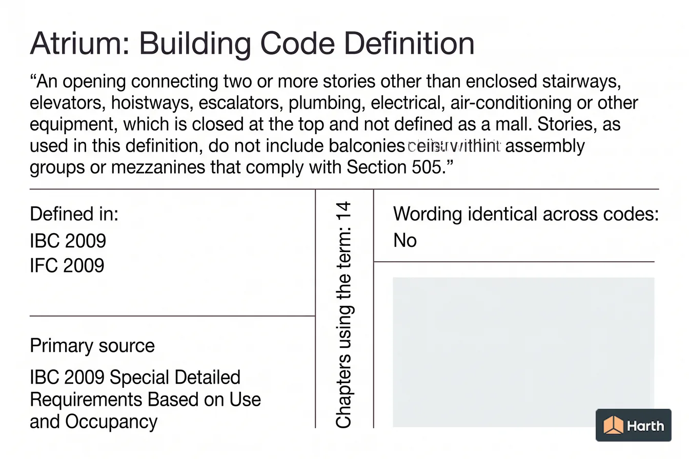 Labeled code-term definition diagram: Atrium: Building Code Definition