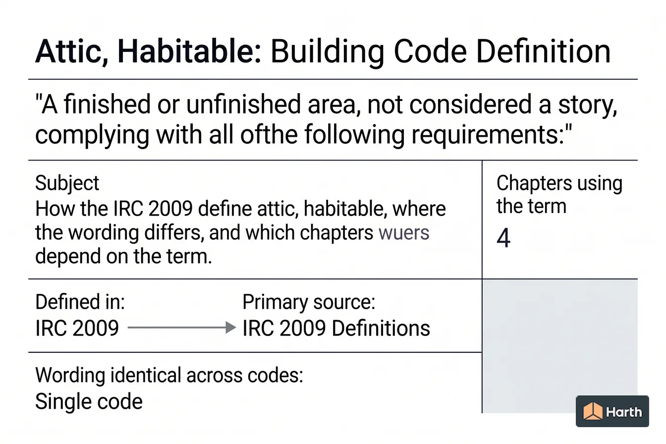 Labeled code-term definition diagram: Attic, Habitable: Building Code Definition