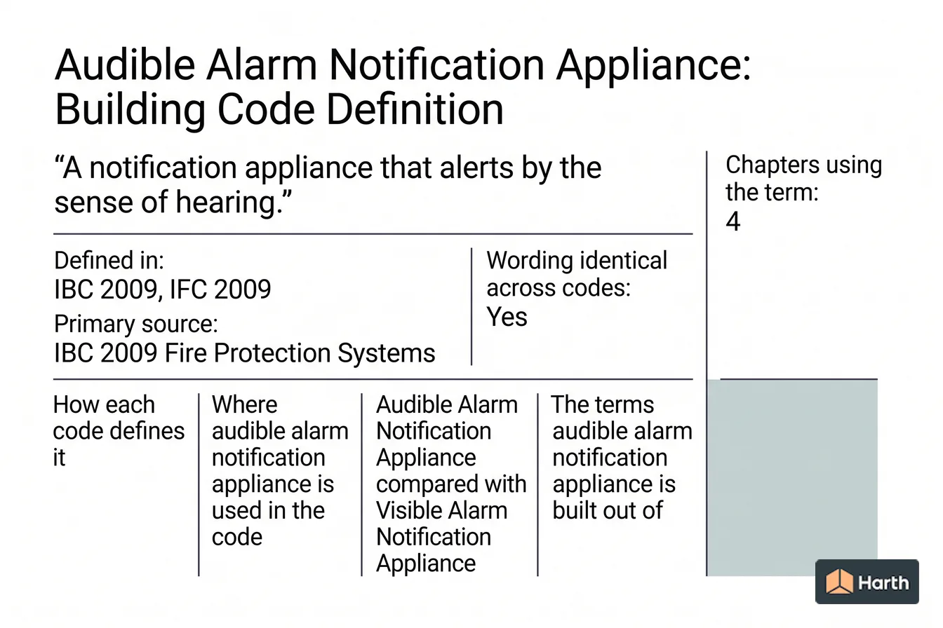 Labeled code-term definition diagram: Audible Alarm Notification Appliance: Building Code Definition