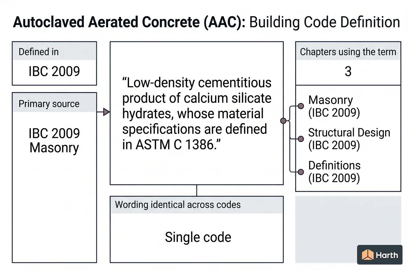 Labeled code-term definition diagram: Autoclaved Aerated Concrete (AAC): Building Code Definition